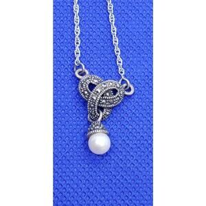 Vintage 925 Sterling Silver & True Marcasite faux Pearl necklace Judith Jack